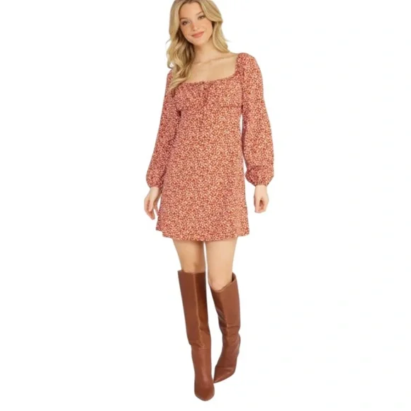 Lush cinnamon floral peasant mini dress size medium - Picture 1 of 10